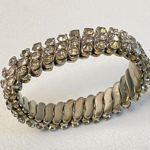 Vintage Bracelet Clear Rhinestones Pave' Stretch - Picture 4 of 8